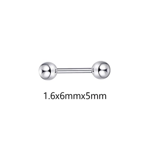 Detailed view of a 1.6x6x5mm stainless steel barbell piercing for tongue or nipple