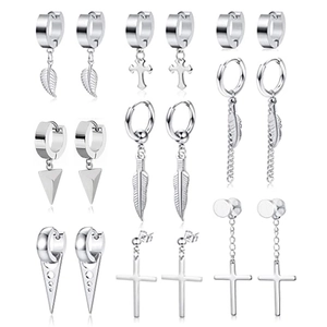 Punk Stainless Steel Hoop Stud Earrings Set Cross Leaf Feather Tassel Dangle Earrings For Women Men Unisex Gothic Jewelry