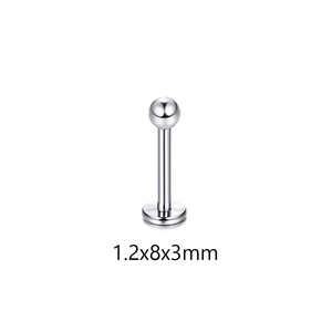 Detailed view of silver stainless steel labret stud measuring 1.2x8x3mm on white background