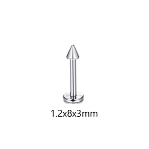 Detail view of 1.2x8x3mm cone head surgical steel labret stud for lip and ear piercings