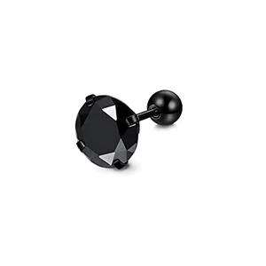 Detail of black round cubic zirconia stud earring with a secure screw-back closure