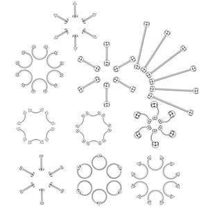 120pcs stainless steel piercing jewelry set with tongue, lip, and nose rings set