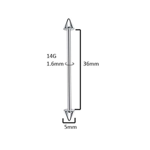 Detail showing 14G stainless steel industrial barbell with dimensions and spike ends