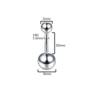Polished stainless steel 14G belly ring with 5mm and 8mm double balls on white background