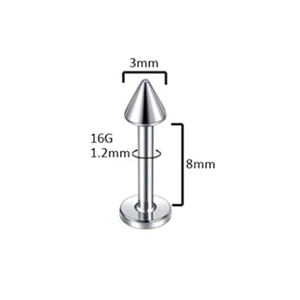 Detailed view of silver spike labret piercing with 8mm length and 1.2mm gauge size markings
