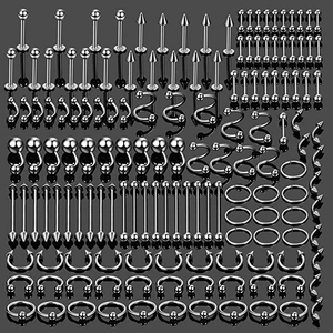 150pcs stainless steel body piercing set including barbells, hoops, and studs