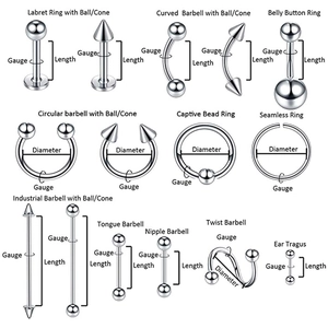 Polished stainless steel body piercing jewelry set with size dimensions for various types