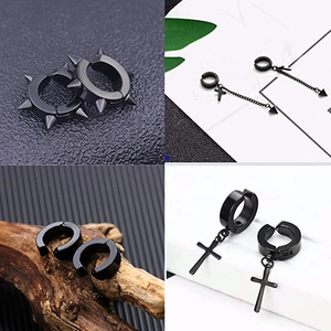 Set de 5 boucles d'oreilles clip punk noires avec croix, chaîne et pointes pour oreilles non percées