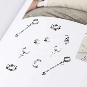 Ensemble de boucles d'oreilles punk en acier inoxydable avec croix et pointes argentées