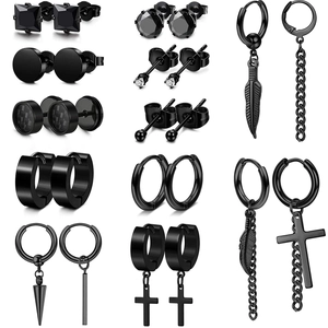 316L Stainless Steel Black Punk Stud Earrings Set For Men Women Gothic Cross Feather Chain Hoop Earrings High Polished Jewelry