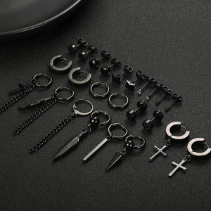 Black stainless steel earring set for men featuring cross and feather charm dangles