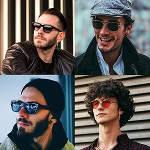 Men's fashion sunglasses collection including square metal and vintage round frames