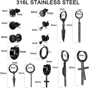 Set of 12 black 316L stainless steel earrings featuring cross, feather and chain dangles