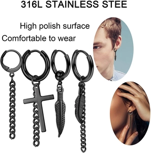 12 pairs black stainless steel stud earrings set with cross feather and chain charms