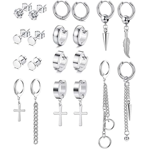 Edelstahl Ohrringe Set Silber Zirkonia Stecker Kreuz Feder Hängend Huggie Creolen Für Herren Damen Punk Schmuck