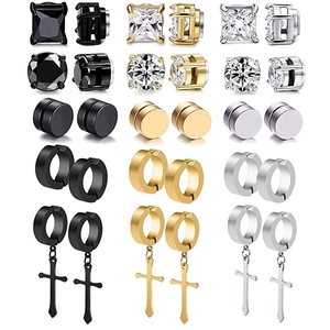 Lot de 15 Paires de Boucles d'Oreilles Unisexe sans Perçage en Acier Inoxydable Magnétiques Zircone Clous Croix Créoles Bijoux