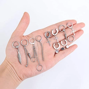 10-teiliges silbernes Punk-Ohrring-Set mit Kreuz, Feder und langen Ketten für Damen und Herren