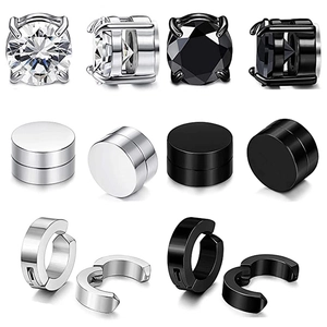 6 Paar magnetische Ohrringe in Silber und Schwarz aus Edelstahl mit Zirkonia-Inlay