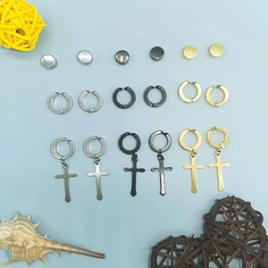 Lot de 15 paires de boucles d'oreilles en acier avec puces, créoles et croix en trois tons