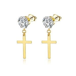 Detail of gold cross drop earrings with round-cut cubic zirconia and polished metal finish