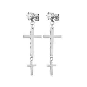 Detail view of silver double cross earrings with sparkling round cubic zirconia stud