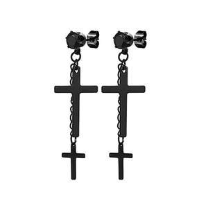 Gothic black cross earrings featuring round stud stones and long chain dangles