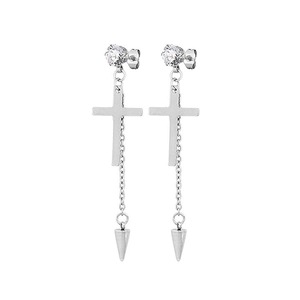 Detail of silver cross stud earring with zircon, long chain and conical spike pendant