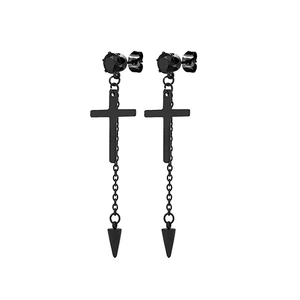 Detail of gothic black cross earrings with long chain, faceted stone, and metal spike tip