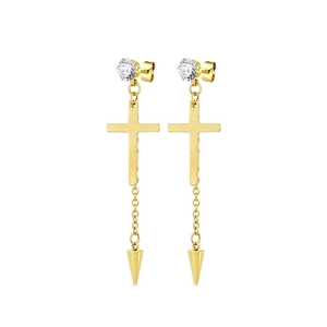 Detail showing the polished golden cross earring with sparkling zircon and long chain spike