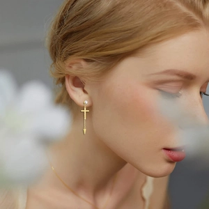 Elegant gold cross drop earrings with zircon stud and spiked chain pendant for women
