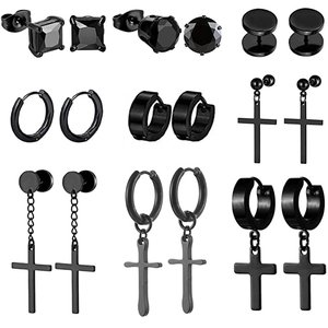 Black Stainless Steel Cross Hoop Stud Earrings Collection Gothic Punk Zirconia Barbell Earrings Men Women Minimalist Fashion Jewelry