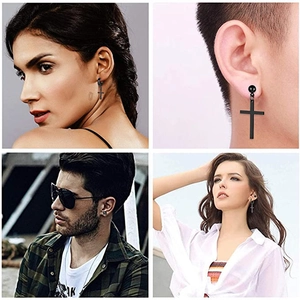 Black stainless steel cross earrings set with square stud designs for men and women