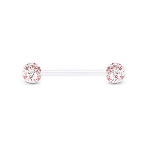 Clear acrylic straight barbell piercing jewelry with red glitter inlay on a white background