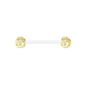 Sparkling gold glitter acrylic tongue bar piercing jewelry with clear flexible straight rod