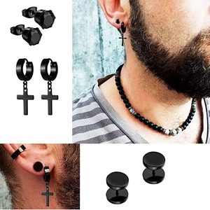 9-piece black stainless steel earring set with cross pendants and marble bead necklace