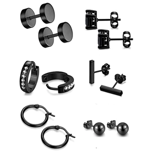 6 Paar schwarze Edelstahl-Ohrstecker Set mit Zirkonia und Langhantel-Designs