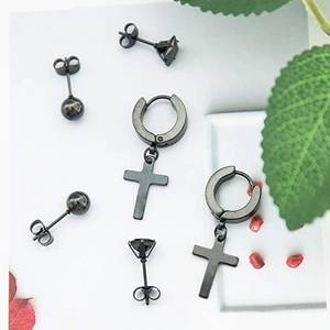 20-piece black earring set featuring cross pendants, round beads, and zircon studs