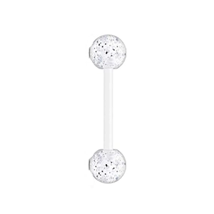 Macro view of white UV flexible tongue piercing stud with acrylic glitter ball