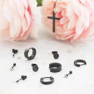 Black stainless steel earring set with cross pendants and sparkling crystal studs