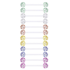 Set of 12 glittery acrylic tongue rings in assorted vibrant colors with soft UV bars