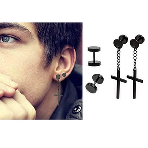 9 pairs of black stainless steel stud earrings set featuring cross pendants and barbell studs