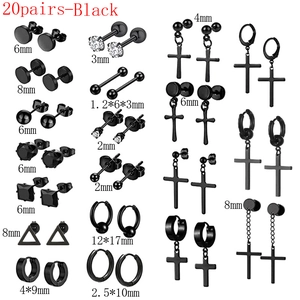 Detailed set of 20 pairs black stainless steel stud earrings including hoops and crosses