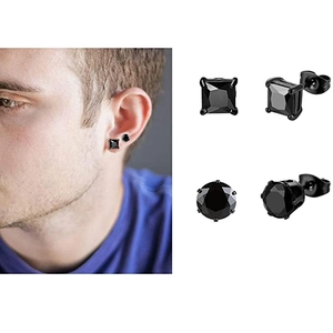 Detail view of square and round black cubic zirconia stud earrings in a set