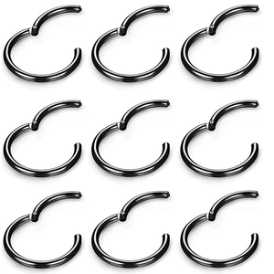 Set of nine black stainless steel seamless segment rings for nose ear and lip piercing