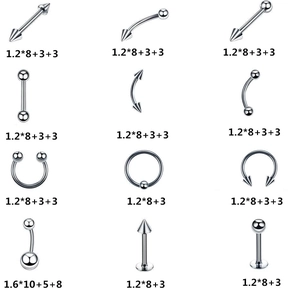 Set of 12 silver stainless steel piercing jewelry with balls and spikes in varied styles