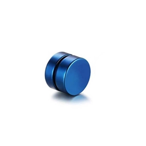 Detail view of blue magnetic stud earrings with a matte metallic finish for non-pierced ears