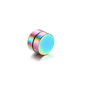 Macro shot of rainbow gradient magnetic clip-on earrings with polished metal finish