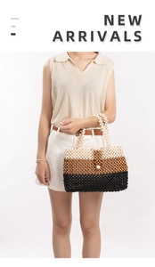 Detailed close-up of handmade woven bead tote bag with triple-color striped pattern
