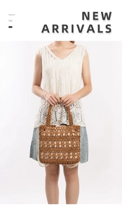 Detail of hand-woven brown wooden bead handbag featuring hollow floral patterns
