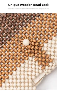 Macro shot of handcrafted woven wooden bead handbag featuring a secure bead lock and fabric lining